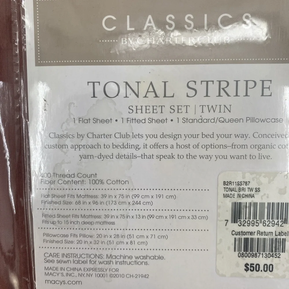Charter Club Sheet Set TWIN Rust Tonal Stripe 400 TC 100% Cotton Dobby Sateen